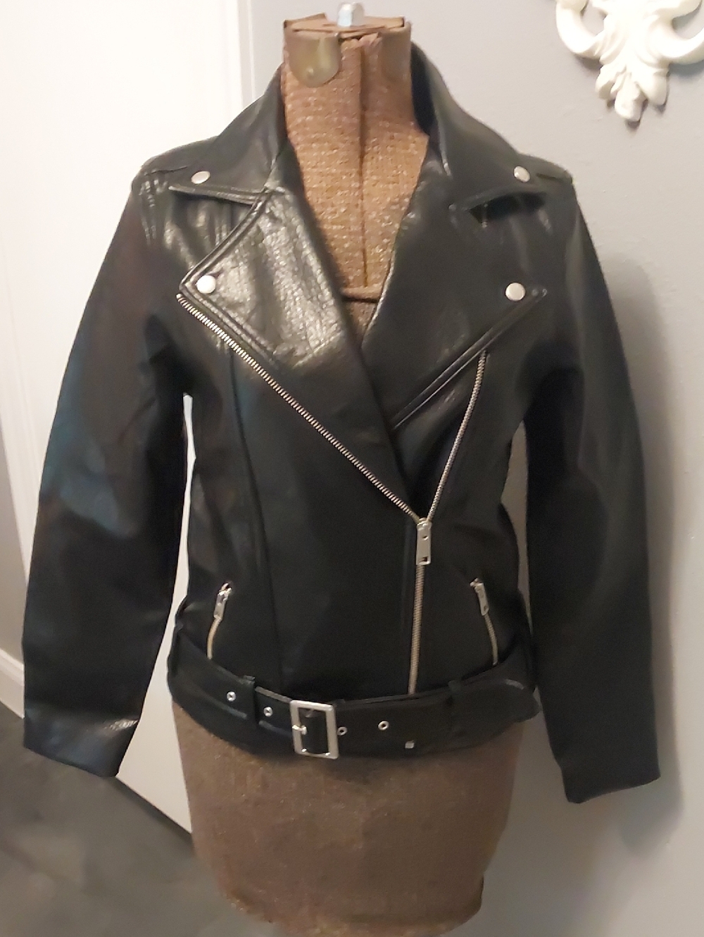 Womens Black Faux Leather Moto Jacket with Belted Waist